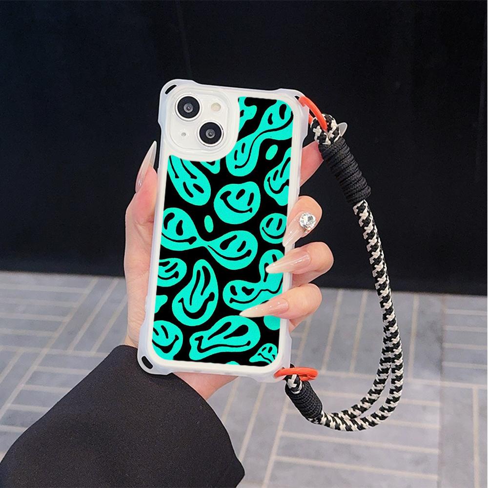 Ae88 Lovely Smiley Art Soft Phone Cases for iPhone 16 15 14 13 12 11 Pro Max XR with Wrist Strap Lanyard Corner Protection Back Cover