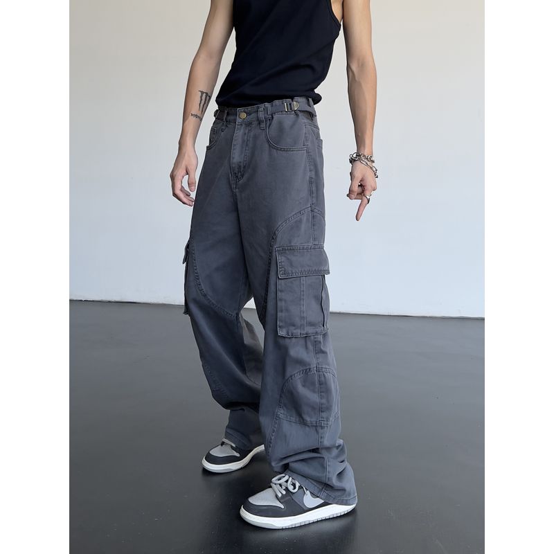 American Retro Street Style Large Pocket Autumn Cargo Pants with a Sense of Design, Long Straight-Leg Loose Casual Pants for Men and Women
