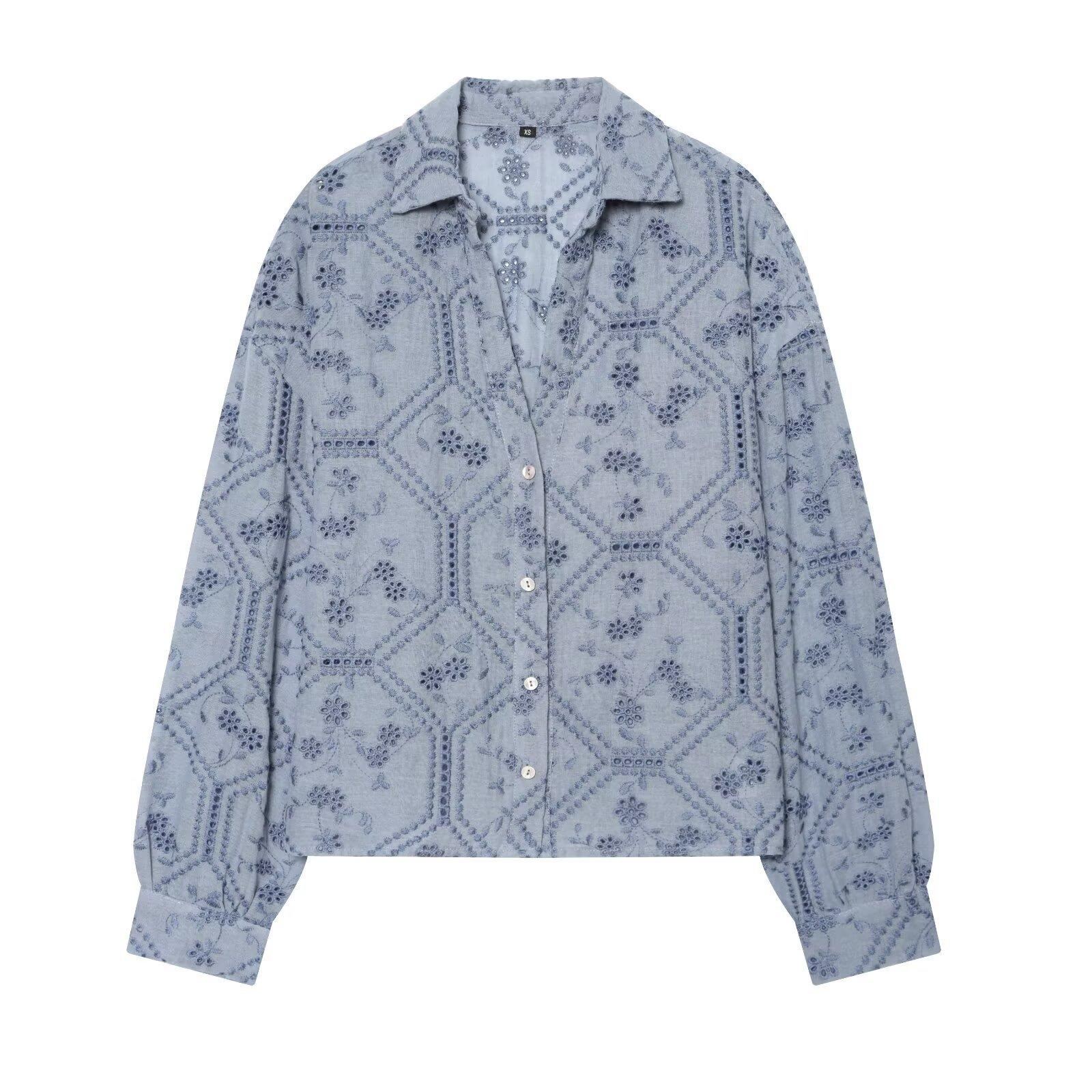European and American style, new women s fashion, fashionable style, hollow-out embroidered shirt 2882582 XS синий