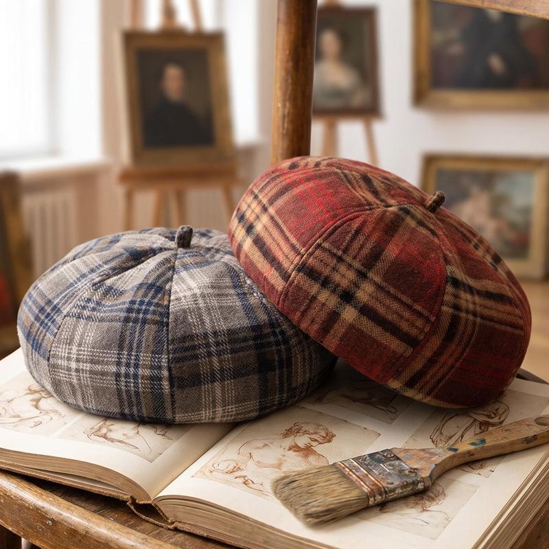 Autumn and Winter Hat Female Korean Plaid Fresh Beret Versatile Face Small Retro Literary Newsboy Hat Painter Hat