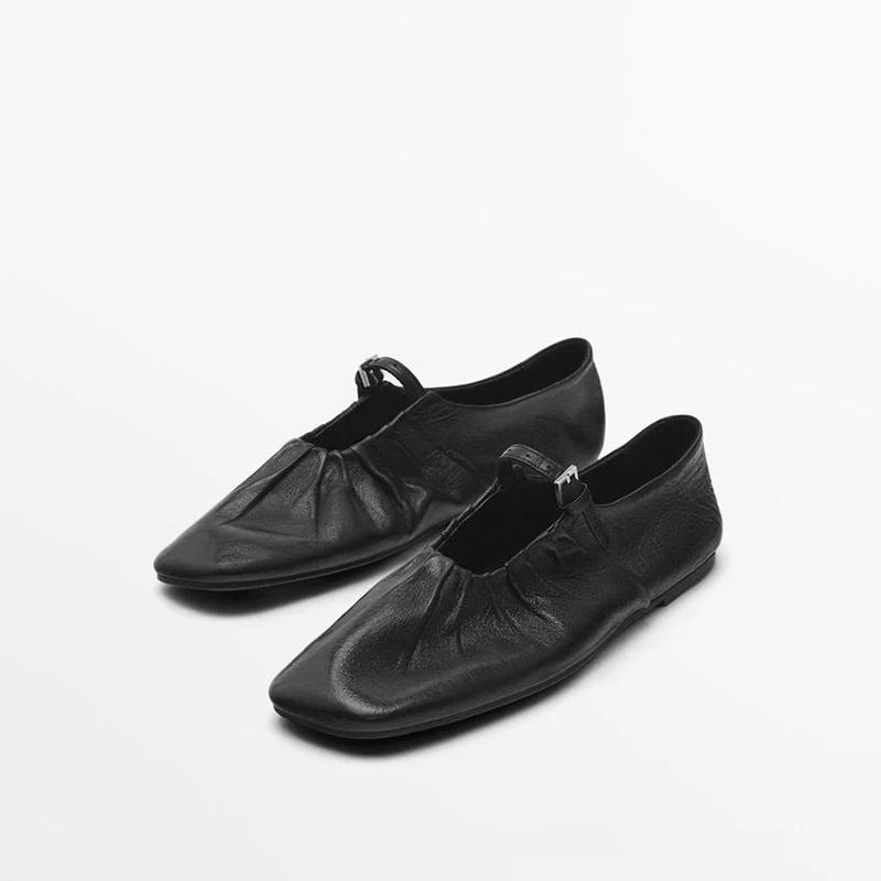 Fashion Women Ballet Flats Shoes Soft Full-Grain Leather Black Buckle Strap Casual Low Heels Wedding Dress Shoes