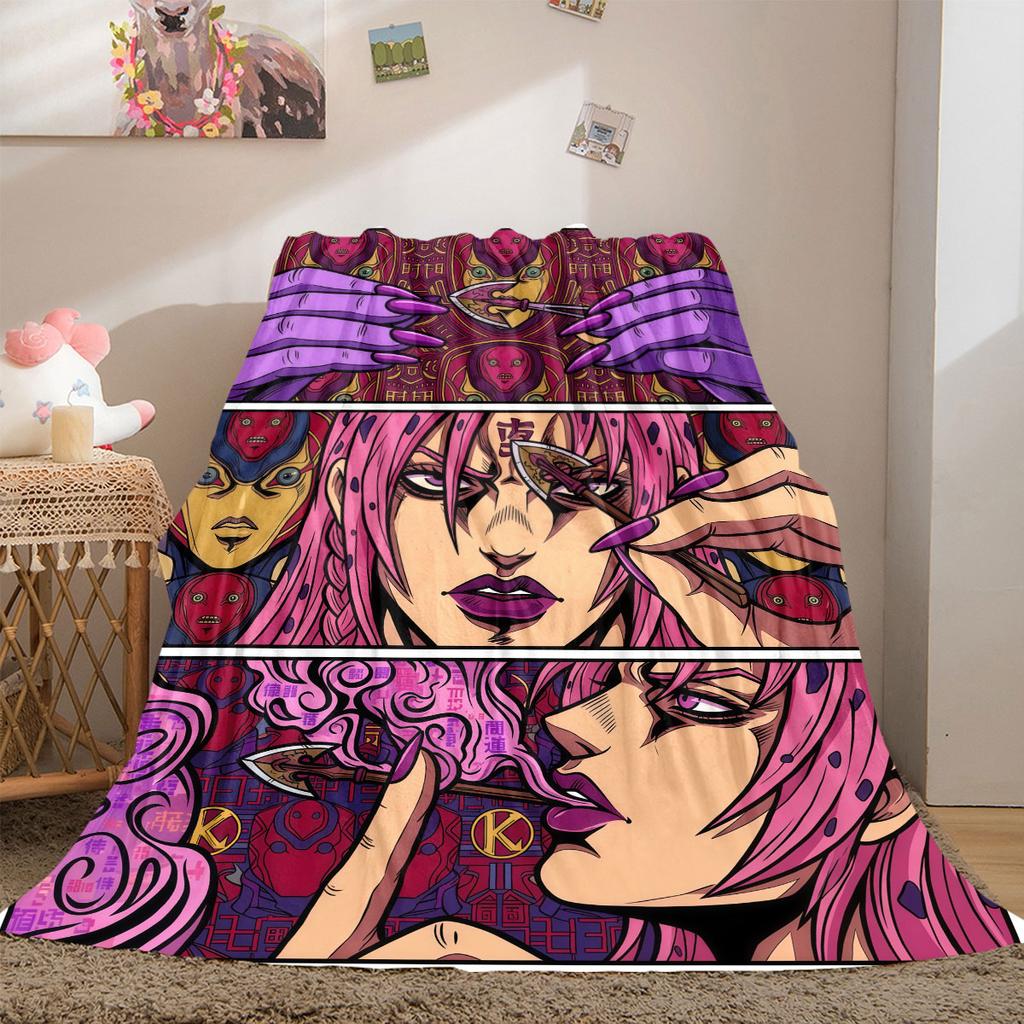 JoJo's Bizarre Adventure Cartoon Flannel Blanket, Printed Design for Bed and Sofa, Soft Home Decor, Picnic Travel Blanket_LIAN
