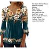 Women 3D Flower Print Pullover T-Shirt Top Loose Hem V-neck Buttons Half Placket 3 4 Sleeves Streetwear Blouse
