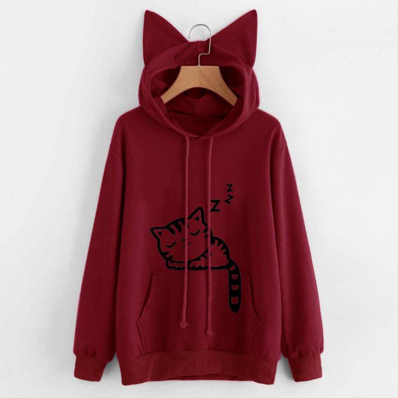 Plus Size Cat Print Fleece Hoodie for Women - Autumn/Winter Collection