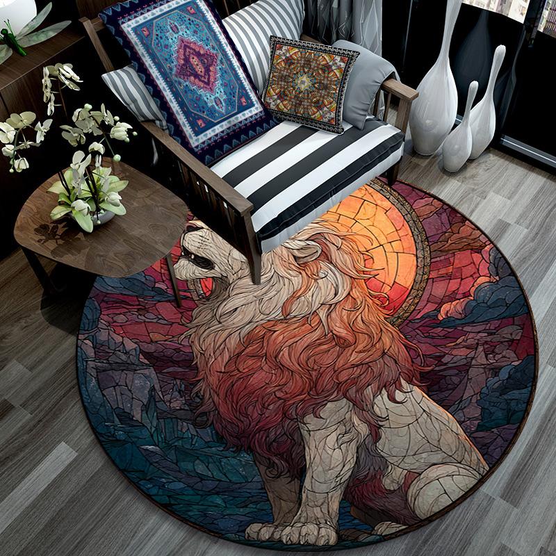 Löwen-Kunstwerk Runder Teppich, Teppich für Wohnzimmer Schlafzimmer Sofa Spielzimmer Dekoration, Rutschfeste Fußmatte