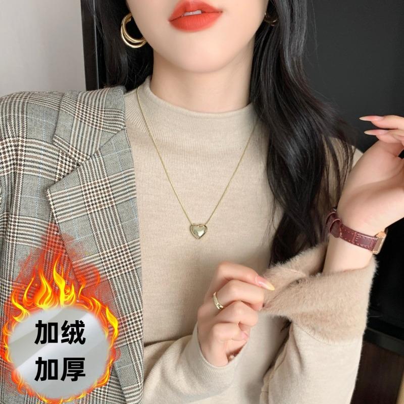 Temperament Soft Waxy Semi-turtleneck Sweater Bottoming Shirt Women's Autumn and Winter Velvet Thickened Solid Color Knitted Top with Inside