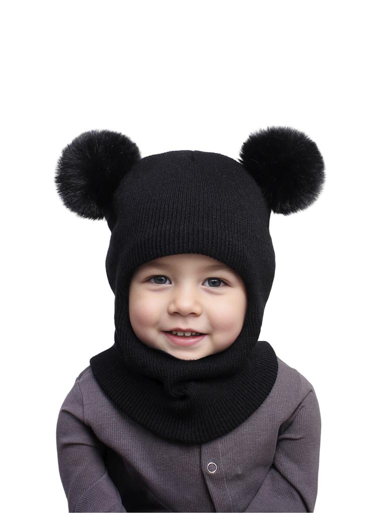 3-12Y autumn and winter double-ball pullover cap, children's double-ball ear-protecting one-piece cap, solid-color cute woolen o