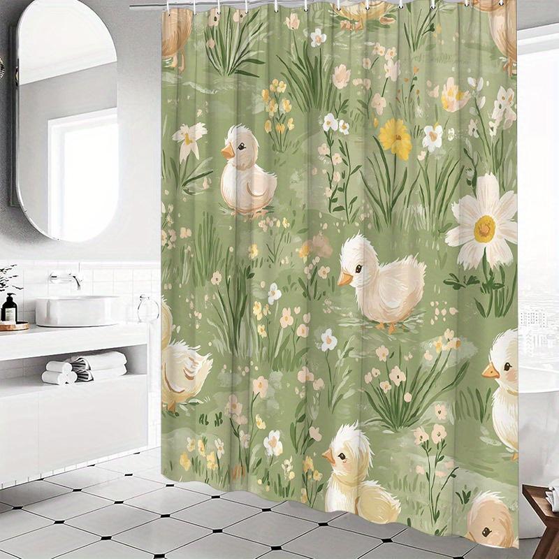 

1pc Whimsical Chick & Daisy Shower Curtain - Soft Green Background, Polyester, Washable, Springtime Decor W90XH180cm