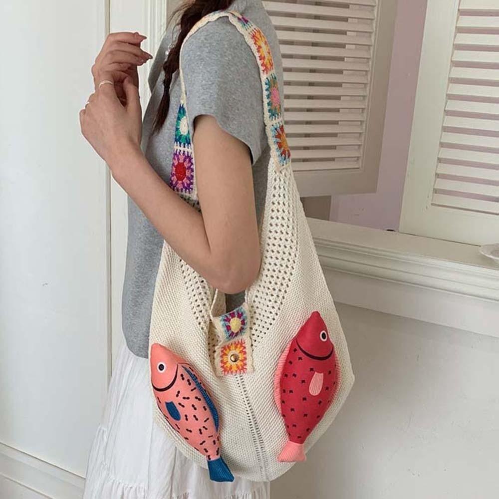 Fish Hollow Out Woven Bag Magnetic Buckle Tassels Beach Handbag Cotton Crochet Shoulder Bag  Beach