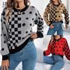 Autumn and Winter Casual Color-blocking Polka Dot Checkered Lantern Sleeve Pullover Sweater for Women