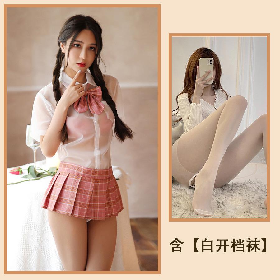 Sex clothes Sexy student clothes Uniform Transparent shirt Bow plaid pleated skirt suit Seduction women