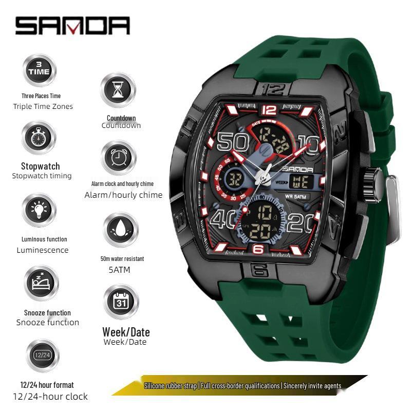 SANDA Barrel-Shaped Men's Watch: Dual Display, 50M Waterproof, Luminous, World Time, Stylish & Versatile