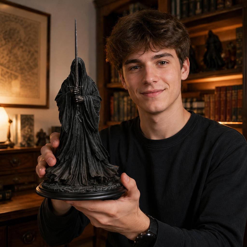 Collectible Dark Cloaked Figure Model Statue with Sword Standing on Decorative Base Detailed Design for Display and Collection