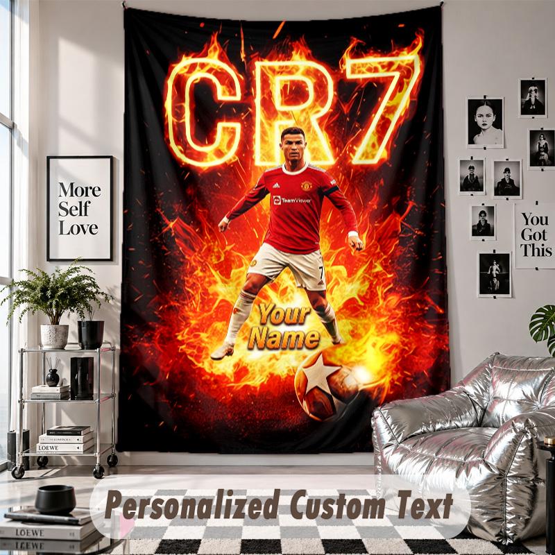 Wall Hanging Tapestry With Custom Name & Text, Cristiano Ronaldo Decorative Tapestry For Bedroom