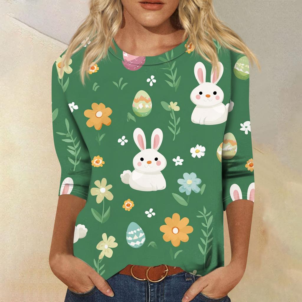 Top da donna casual con stampa di elementi pasquali, girocollo