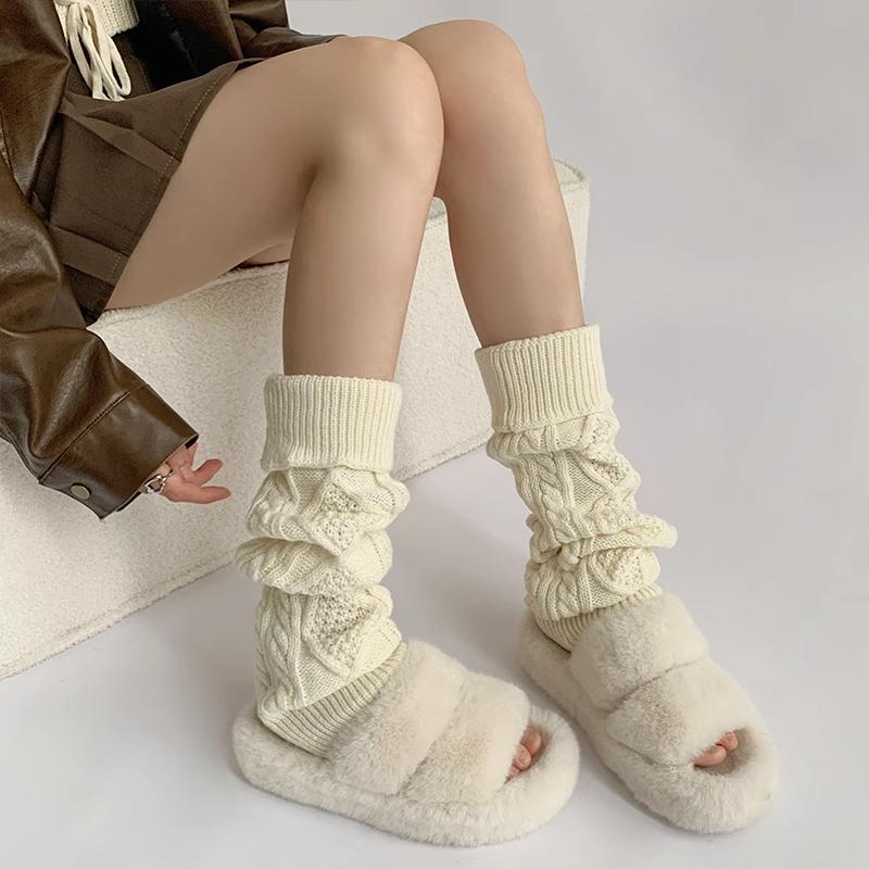 Y2K Leg Warmers Autumn Winter Knitted White Slouch Socks Maillard Mid Calf Socks JK Calf Socks Leg Sleeves Sweet And Slimming