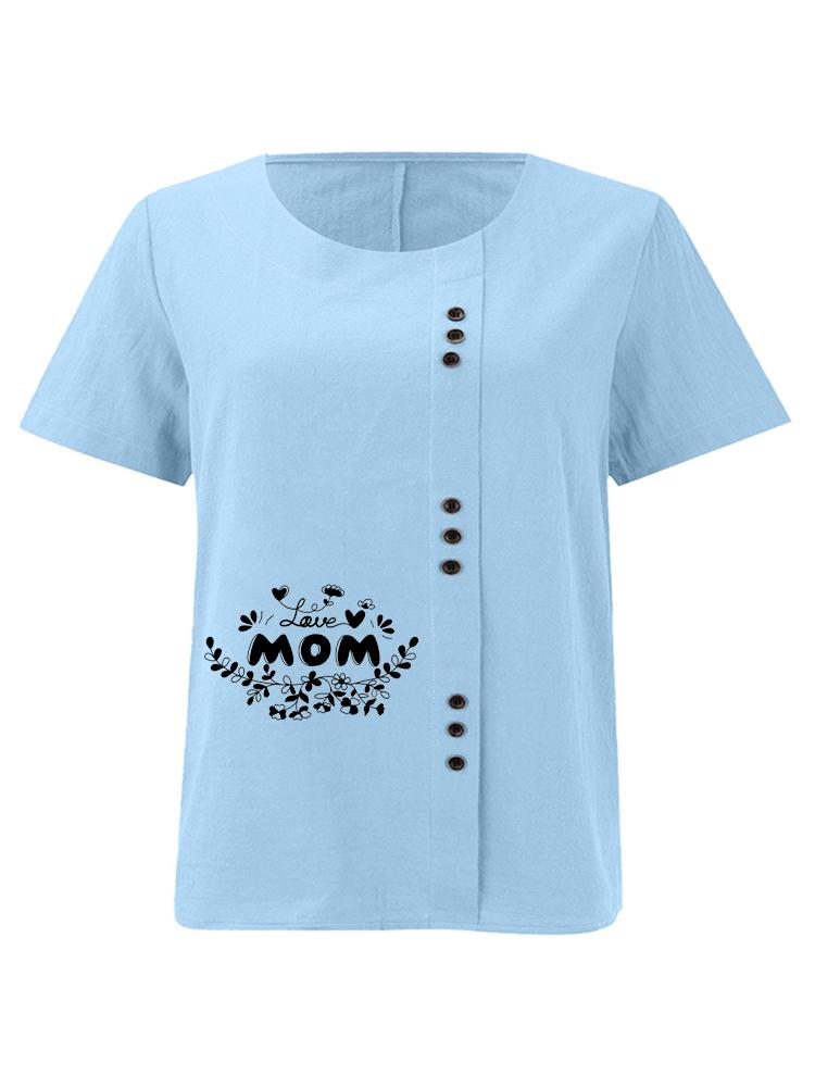Women's Fashion Black Letter Floral Pattern Print Round Neck Short Sleeve T-shirt Summer Casual Cotton Linen Graphic Shirt Leisure Loose Blouse Tops
