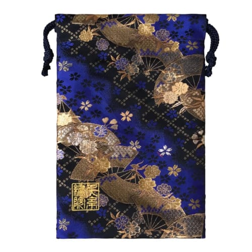 Senshishuin Nishijin Brocade Drawstring Bag (Lined) Blue Fan Cherry Blossom Design, Medium Size
