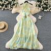 Summer Women V-neck Print Chiffon Halter Open Back Beading Long Maxi Holiday Beach Dresses