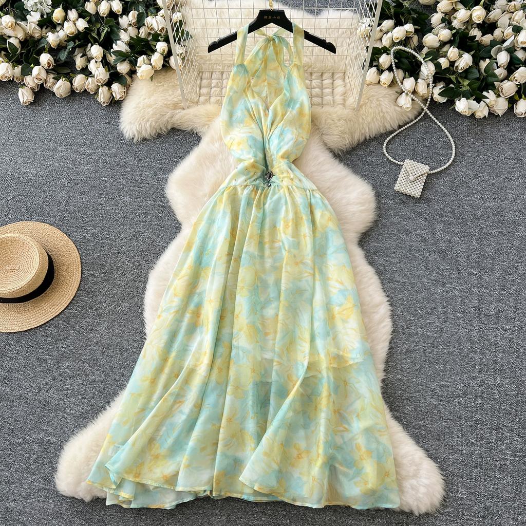 Summer Women V-neck Print Chiffon Halter Open Back Beading Long Maxi Holiday Beach Dresses