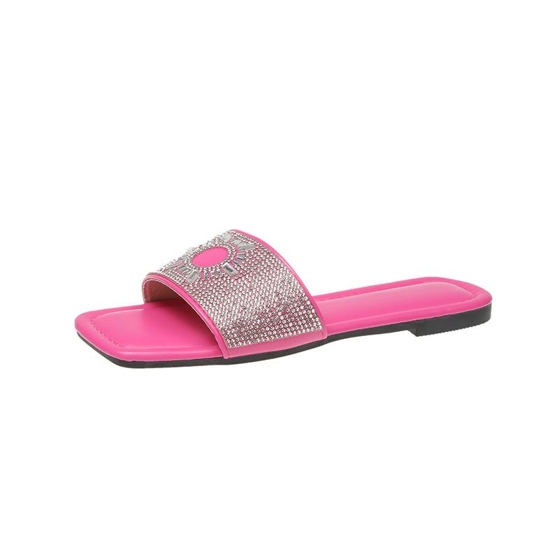 Summer Fashion New Sexy Casual Comfortable Solid Color Crystal Sandals Square Toe Flat Heel Slippers Zapatos Mujer2024