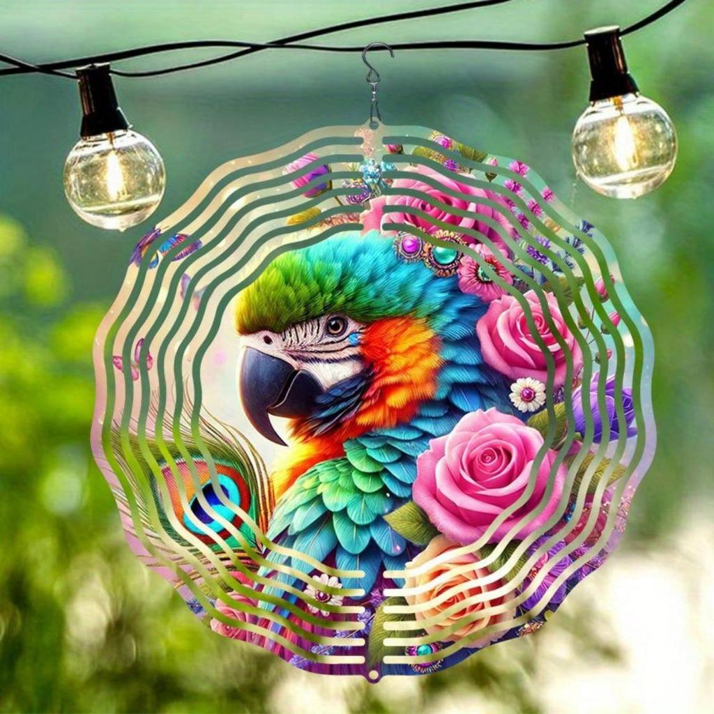 Carillon à vent perroquet en métal vibrant avec motif floral mandala pour décoration de jardin extérieur cadeau de vacances Thanksgiving Noël Halloween