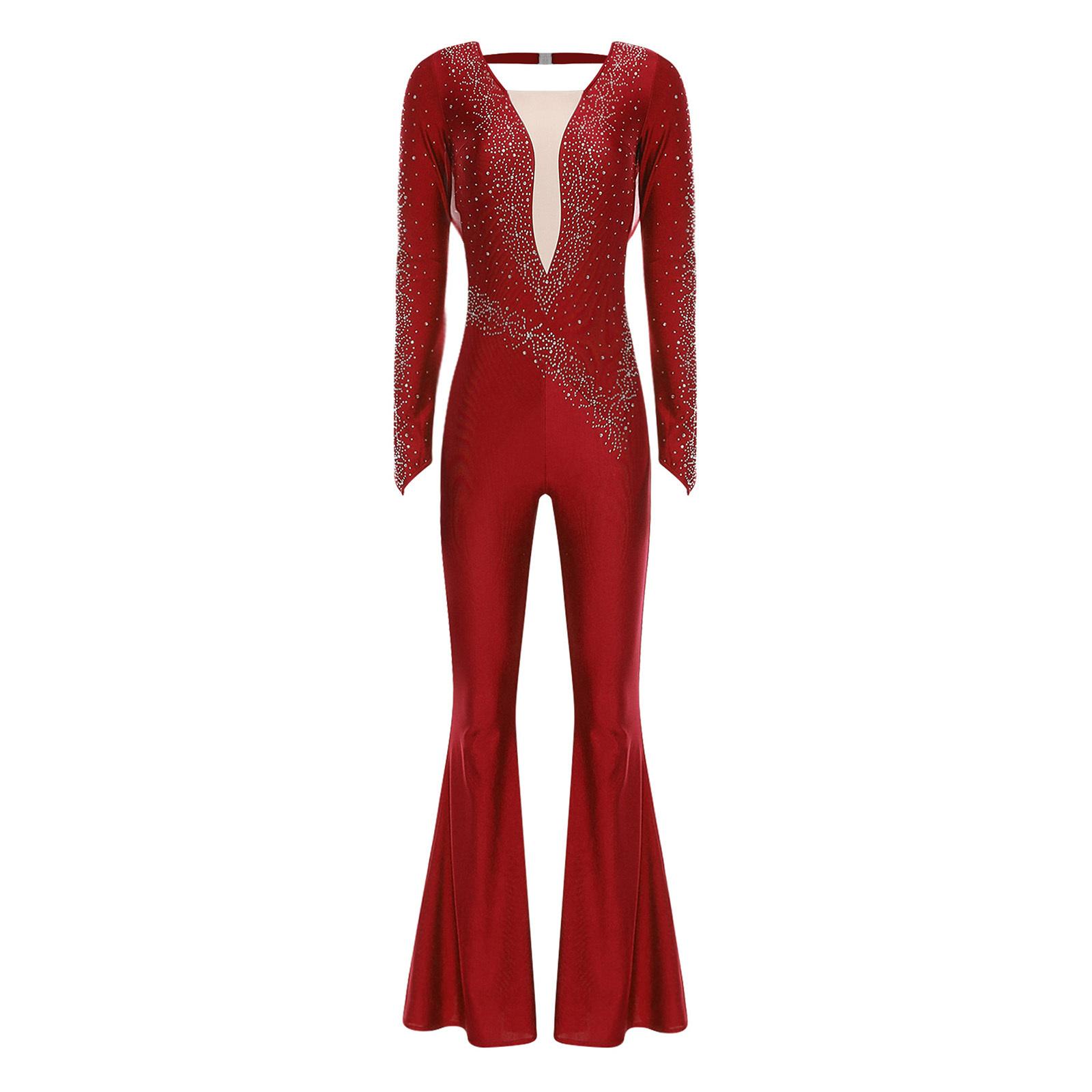 

Womens Sparkle Rhinestone Latin Dance Rompers Long Sleeve Back Cut Out Mesh Overlay Bell Bottom Jumpsuit S бордовий