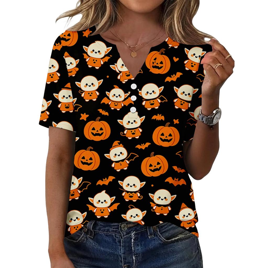 Women's Casual Halloween Print V Neck Short Sleeve Button Front T Shirt Top for Everyday Wear and Seasonal Events