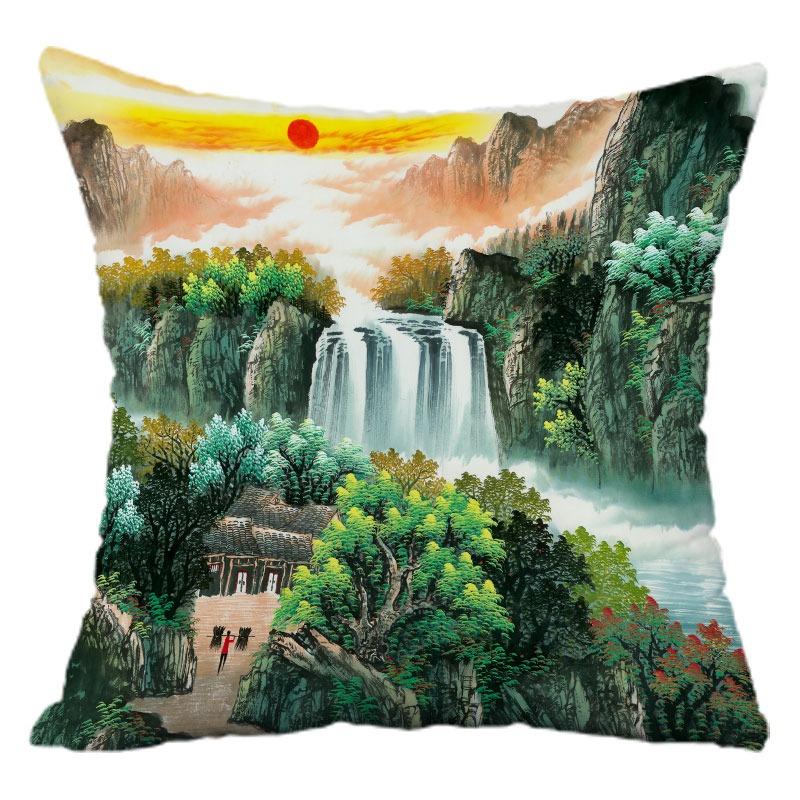 Chinese Style Landscape Painting Pillowcase Dormitory Decoration Office Living Room Sofa Home Pillowcase