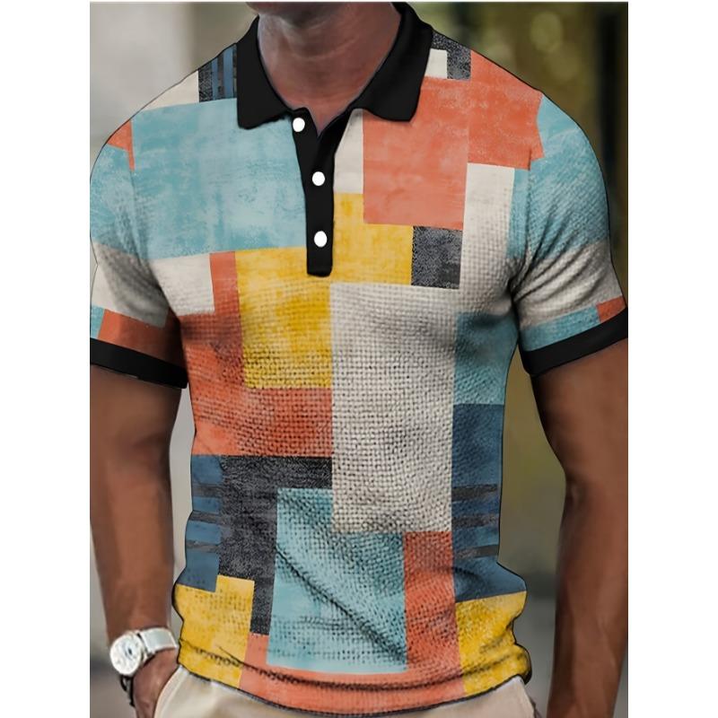 Men'S Short-Sleeve Polo Shirt with Digital Print And Geometric Patterns