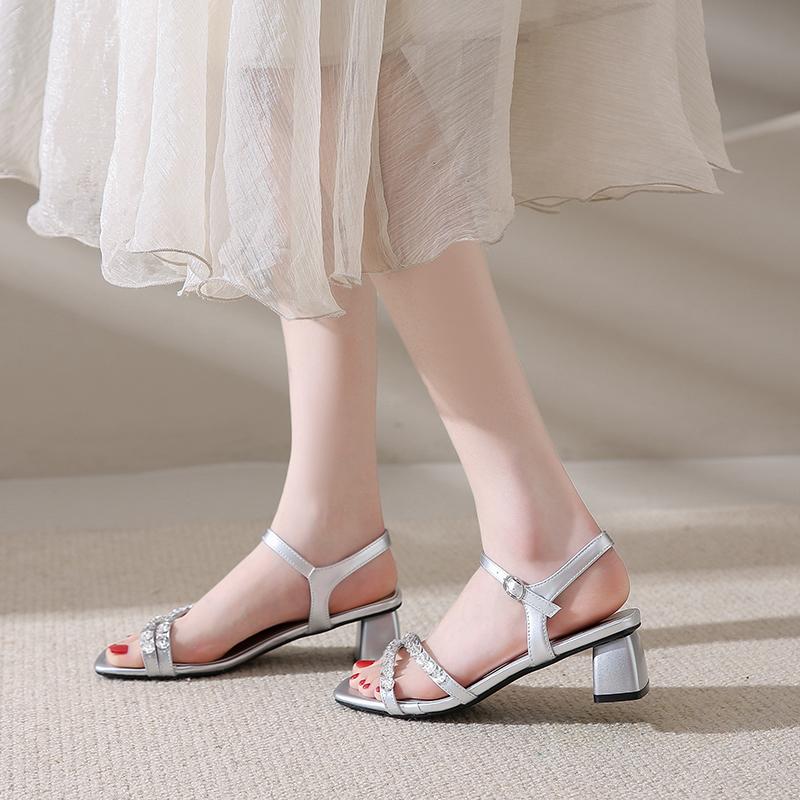 Women Luxury Thick Heels Sandals Female Shoes Summer Fashion Rhinestone High-heeled Sandals Ladies Ankle Strap Party Dress Pumps