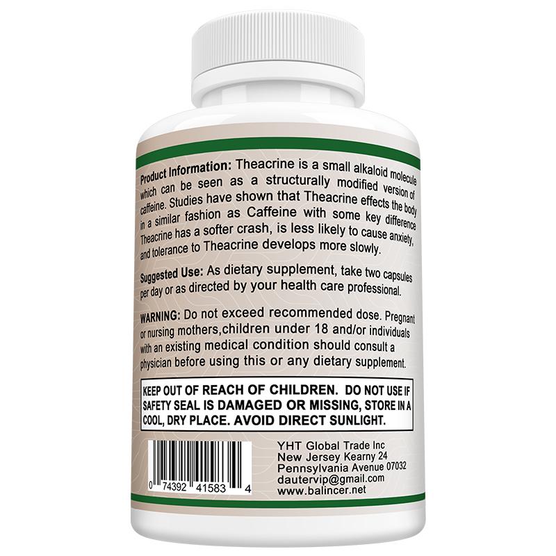 Theacrina 100 mg Integratore Alimentare, Cellulosa Microcristallina, 120 Capsule per Flacone