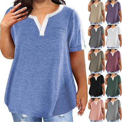 Women's Large Size T-Shirt Casual Color V-Neck Short Sleeve Pocket Top