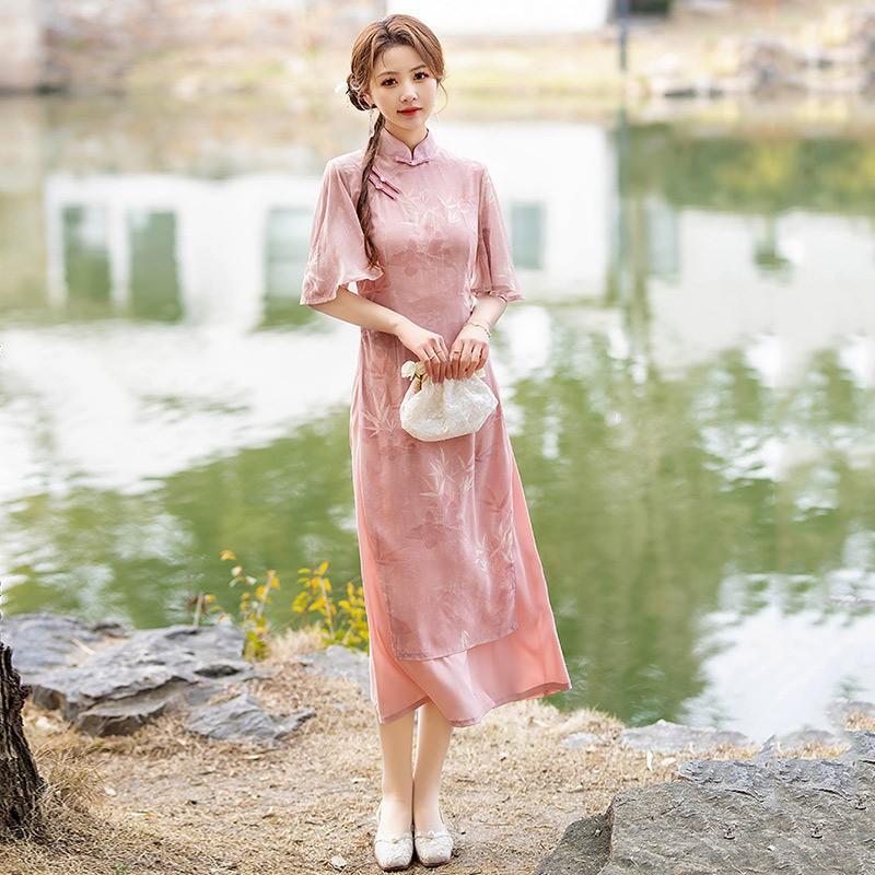 Pink Modern Cheongsam Dress Womens Long Sleeveless Stand Collar Wearable Vintage Style Chiffon Midi