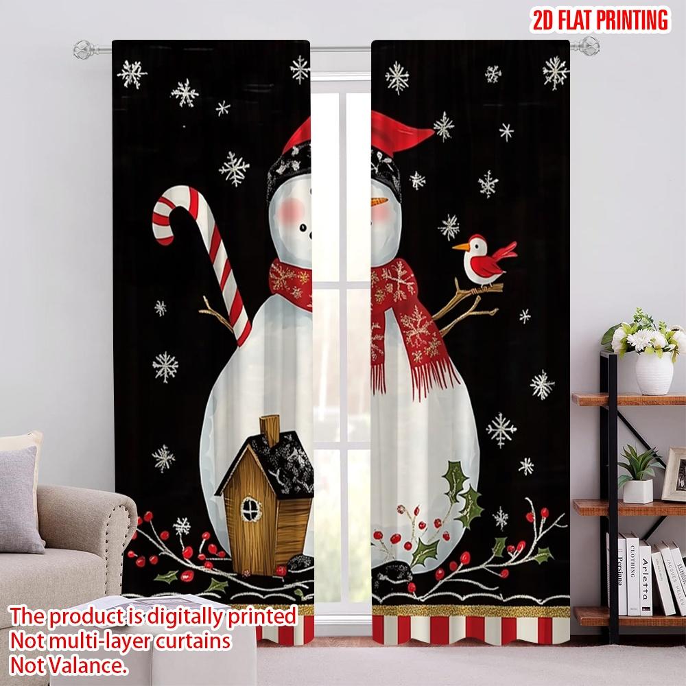 

Set Of 2 Flat Printing Merry Christmas Party Curtains Snowman Fabric Without Electricity Festive Holiday Curtain Polyester W100*H70(CM)-Hooks&2PCS