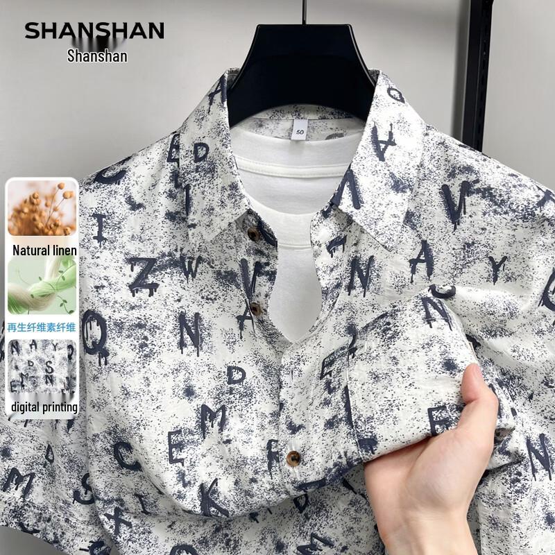 SHANSHAN Men s Linen Blend Printed Short Sleeve Shirt 190
