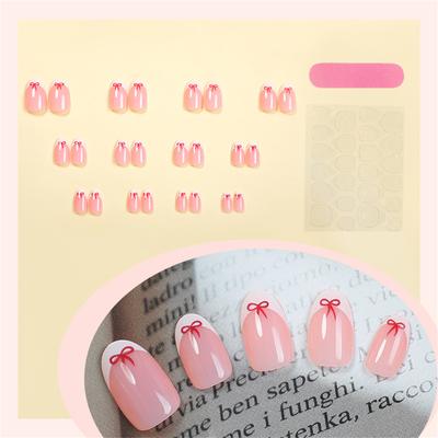 24Pcs Artificial Nail Short Almond Glossy Bows Designs Acrylic Nail French Tip Easy To Apply and Remove for Women