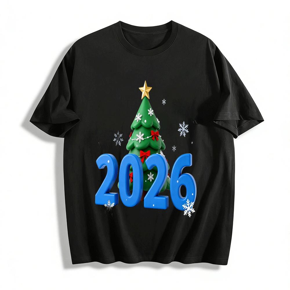 

2026 New Year Christmas Print Casual Top For Men And Women Pure cotton T-shirt XXS