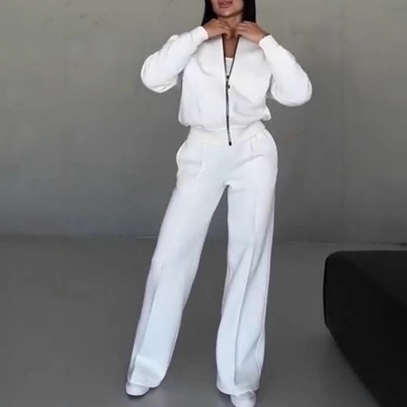 Women's Spring & Autumn Sweater Set: Trendy Zipper Cardigan & Trousers for Casual Fashion.