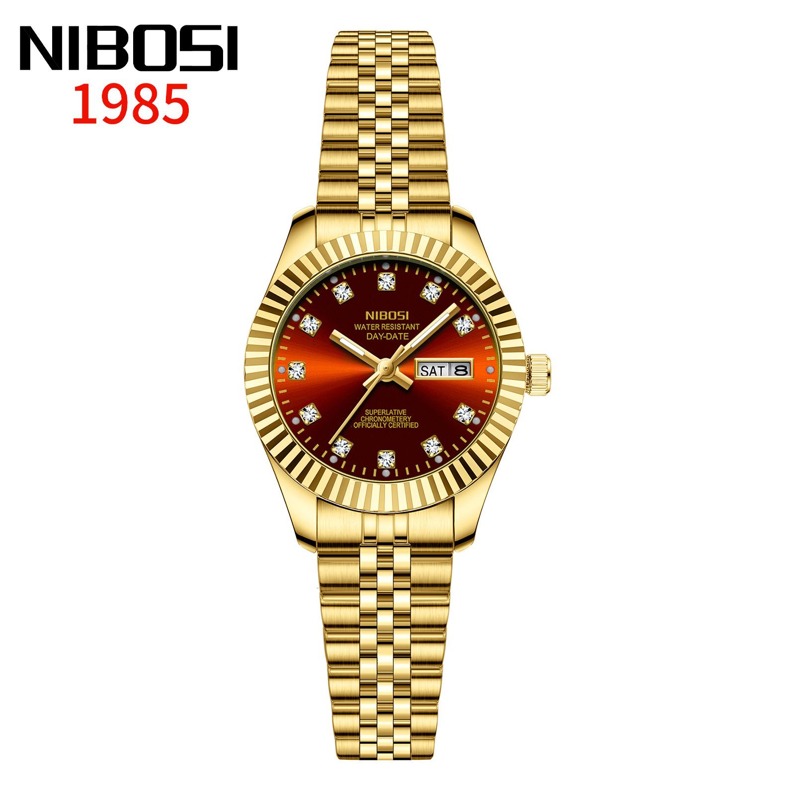 

Жіночі годинники NIBOSI Модні Розкішні Кварцові Наручні Годинники для Леді Діамантовий Циферблат Водонепроникні Люмінесцентні Годинники з Нержавіючої Сталі червоний/золотий