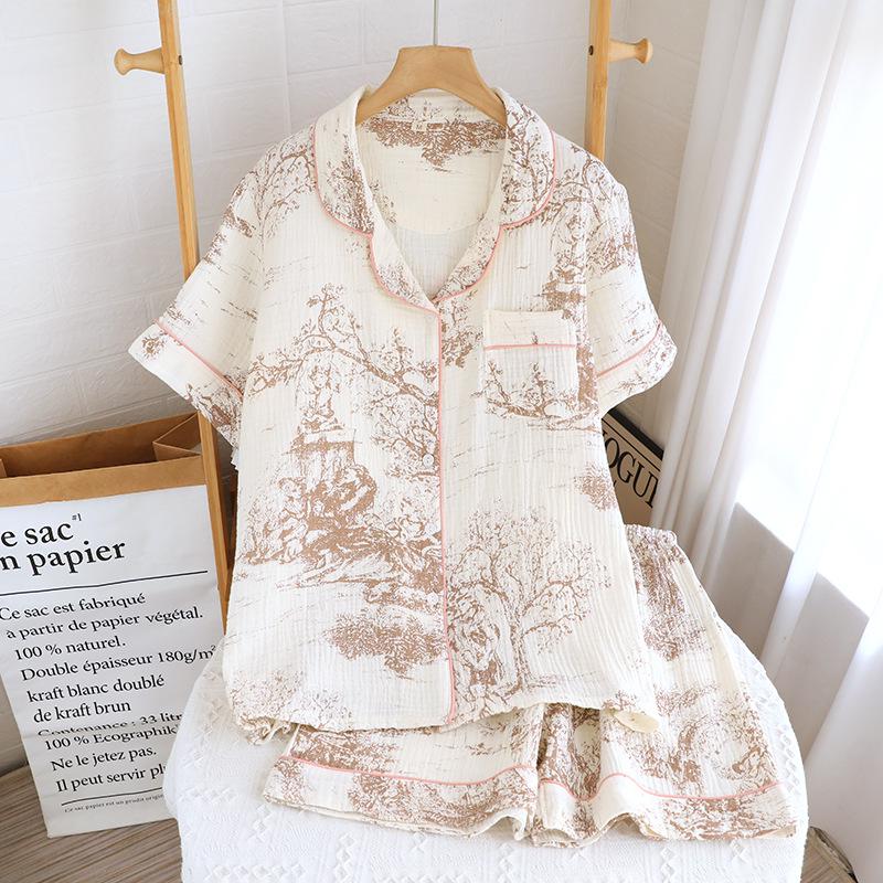 Damski letni zestaw piżamowy z czystej bawełny - Słodki, Przewiewny, Krótki rękaw i Szorty