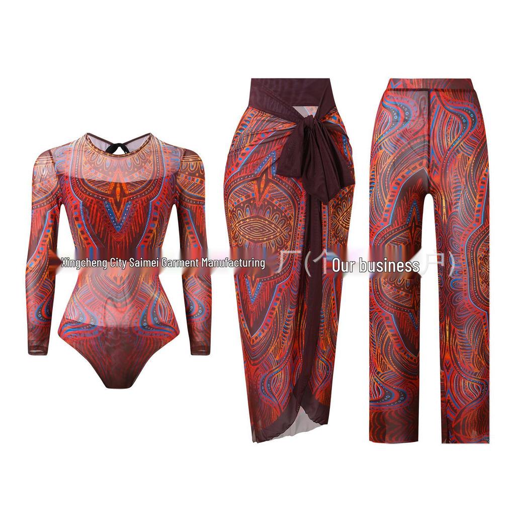 Women's Three-Piece Sun Protection Swimsuit Set with Mesh Pants