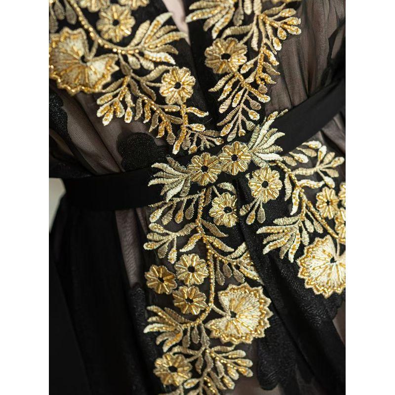 Middle East Lace Embroidery Belt Dress + Inner Skirt Two-Piece Set Lace Embroidered Dress Set