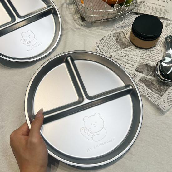 Stainless Steel Dinner Plates Silicone Suction Divided Serving Tray Stackable Breakfast Plates Kids Snack Tray Lunch Container for School