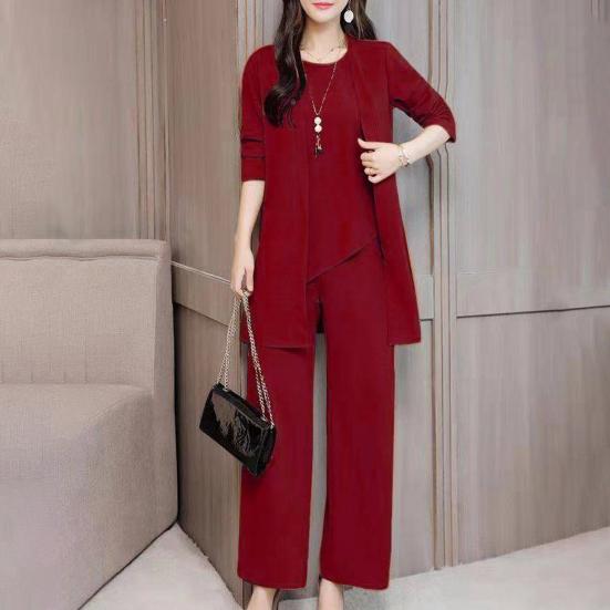 3Pcs/Set O-neck Sleeveless Lady Outfit Irregular Hem Elastic Waistband Pockets Vest Top Wide Leg Pants Mid-length Coat Set