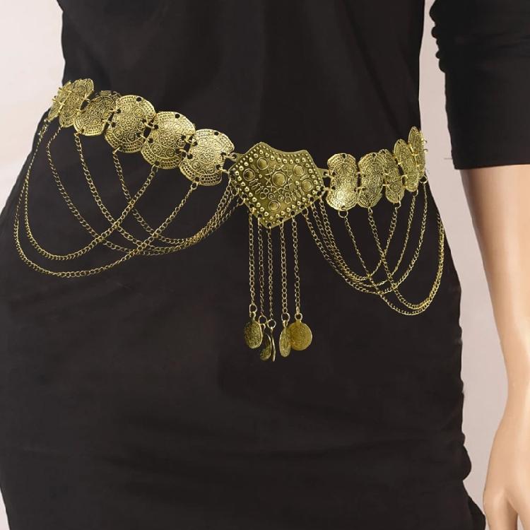 Fringed Coins Chain Belt for Women Hollowed Waist Chain Ethnic Decorative Dress Belt Party Waist Decors Body Jewelry