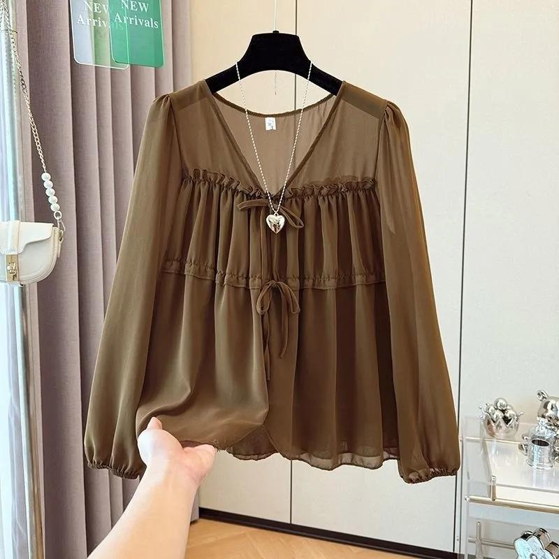 Plus Size Women S Long Sleeve V Neck Slim Fit Top M коричневый