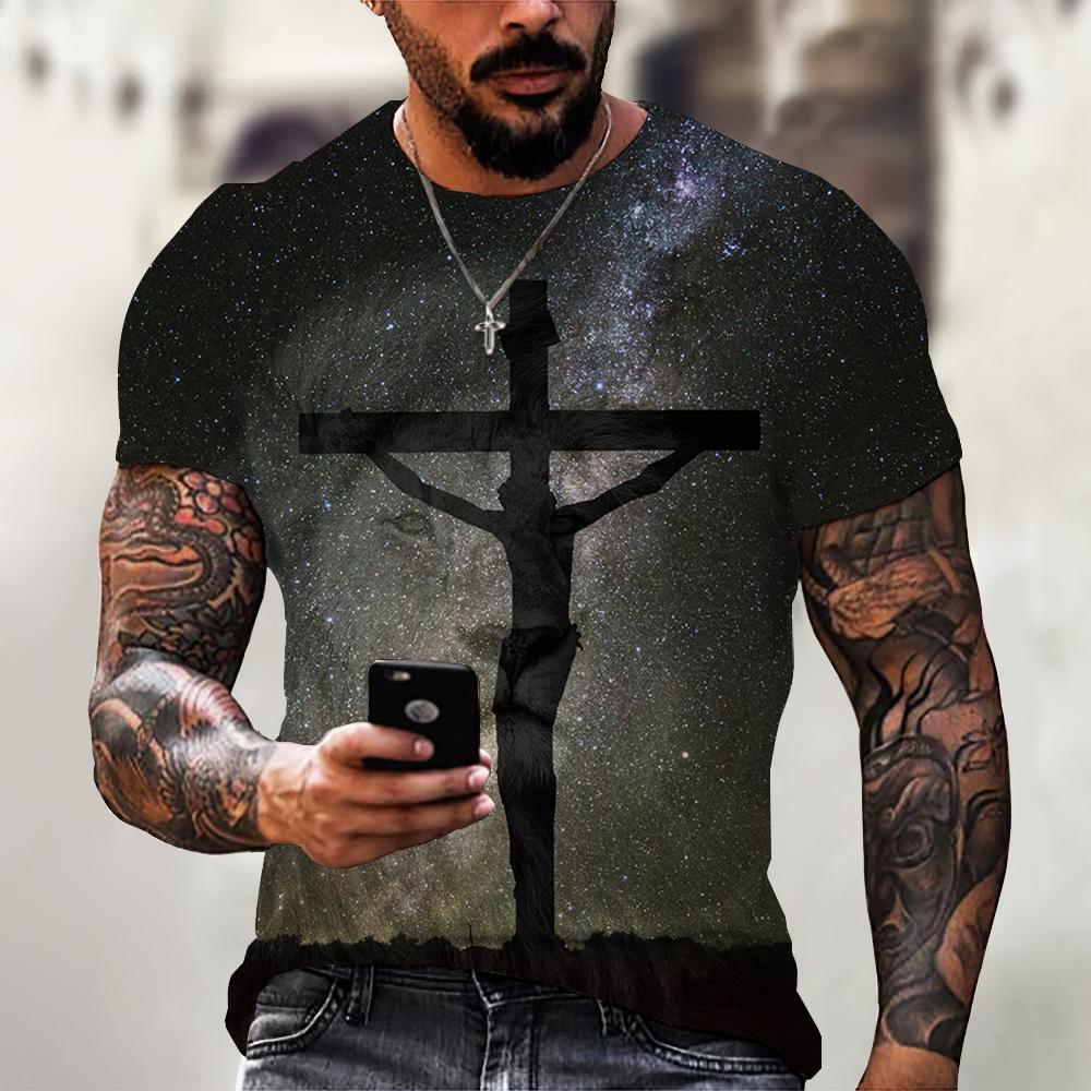 Jesus-Muster Löwe 3D-Druck Sommer Herren O-Ausschnitt T-Shirt Lässig Kurzarm Oversized Pullover Mode Streetwear Herrenbekleidung
