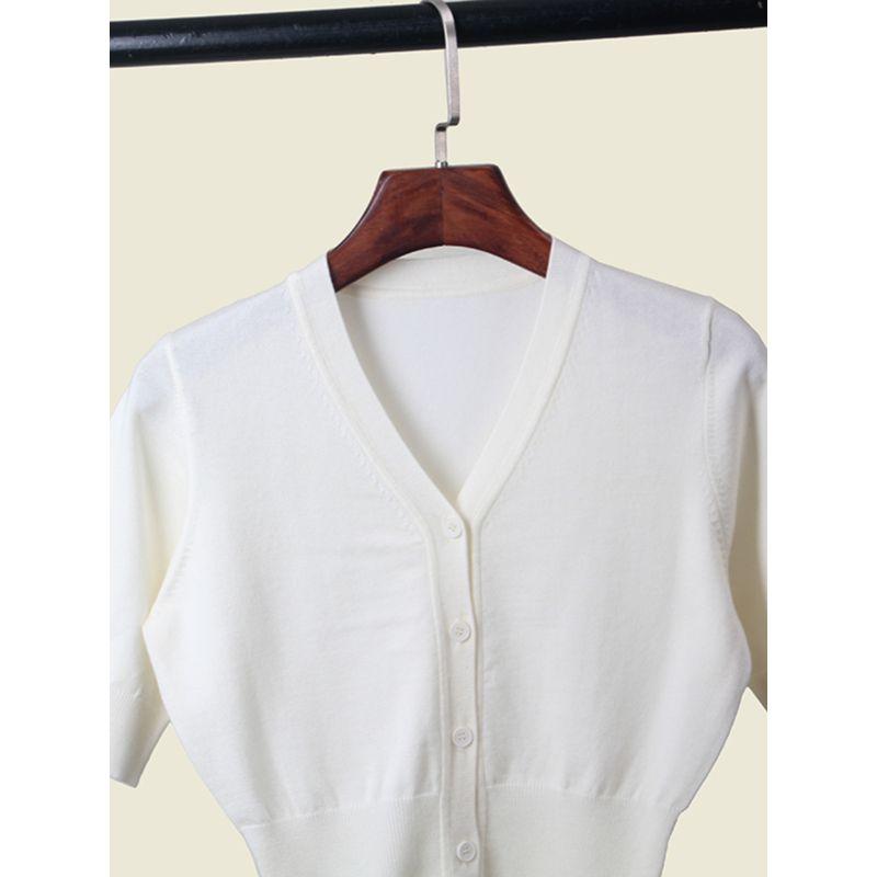 Normcore Elegance White Knitted Fabric Small Shirt Summer Ice Silk V Neck 5-Point Sleeve Waist-Tight Slimming Half Sleeve Cardigan
