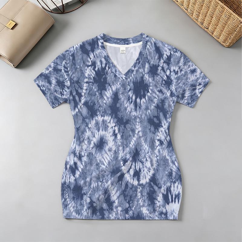Sweet Cool Tie Dye V-Neck Short Sleeve Bodycon Dress - Soft Comfort Fit for Beach, Daily, Afternoon Tea